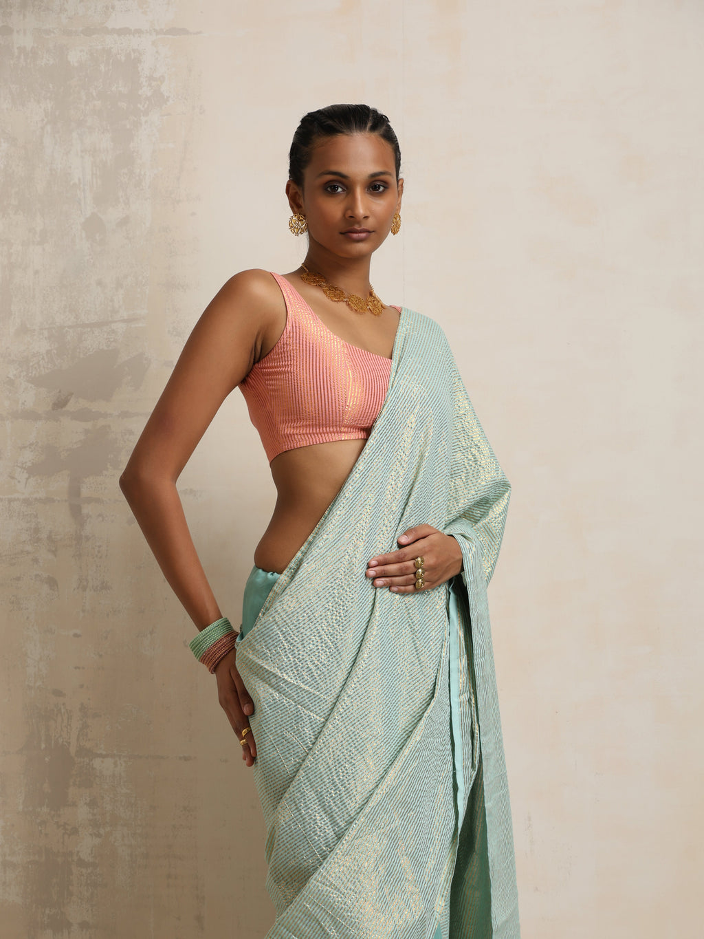 trueBrowns Blue Gold Metallic Ready To Wear Saree | Grocsy