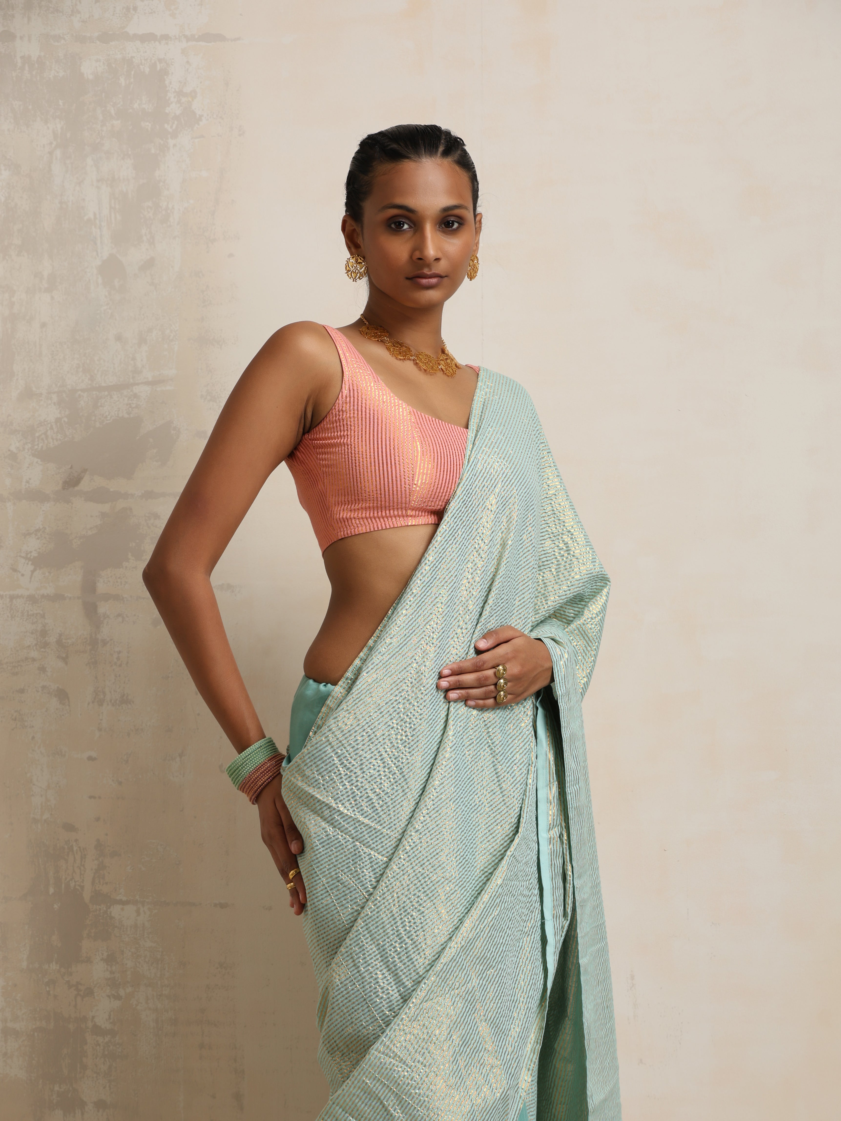 trueBrowns Blue Gold Metallic Ready To Wear Saree | Grocsy
