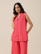 trueBrowns Bright Pink Slub Texture Sleevesless Jacket Pant Set | Grocsy