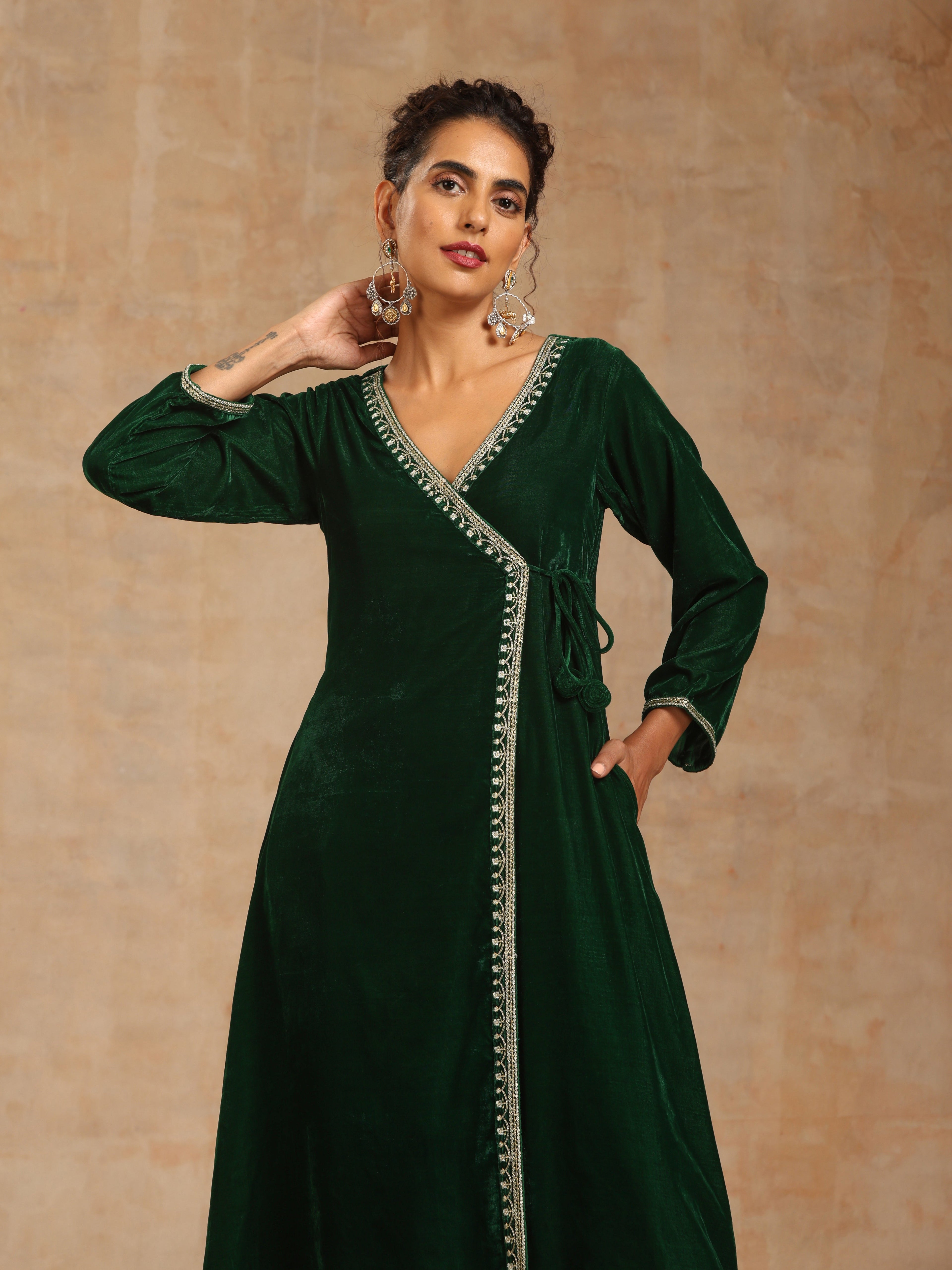 trueBrowns Green Velvet Embroidered Angrakha Kurta | Grocsy