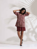trueBrowns Brown Cotton Print Jacket Top & Short Co-ord Set | Grocsy