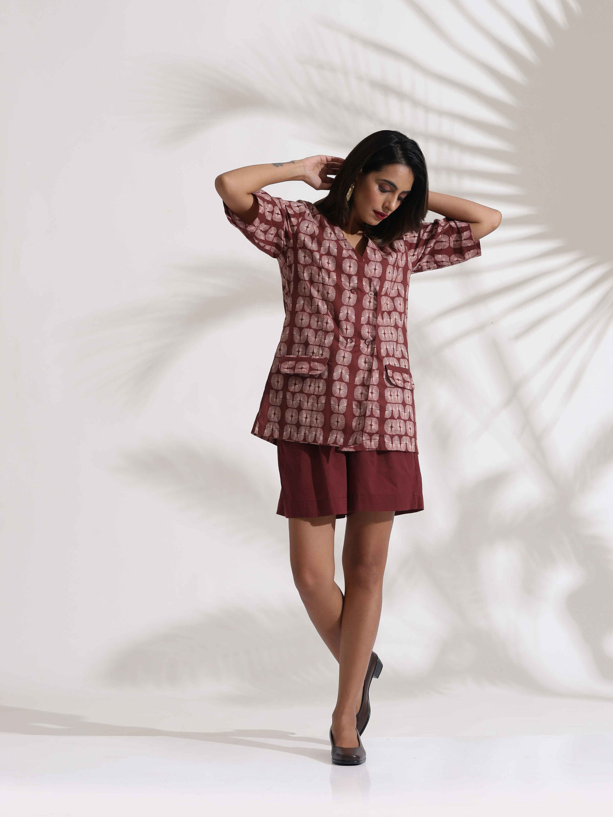 trueBrowns Brown Cotton Print Jacket Top & Short Co-ord Set | Grocsy