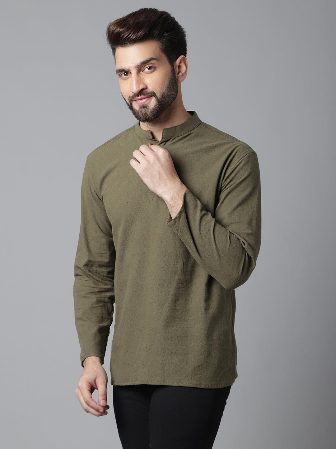 Indian Clothing Even Apparels Green Pure Cotton Kurta With Band Collar | Grocsy
