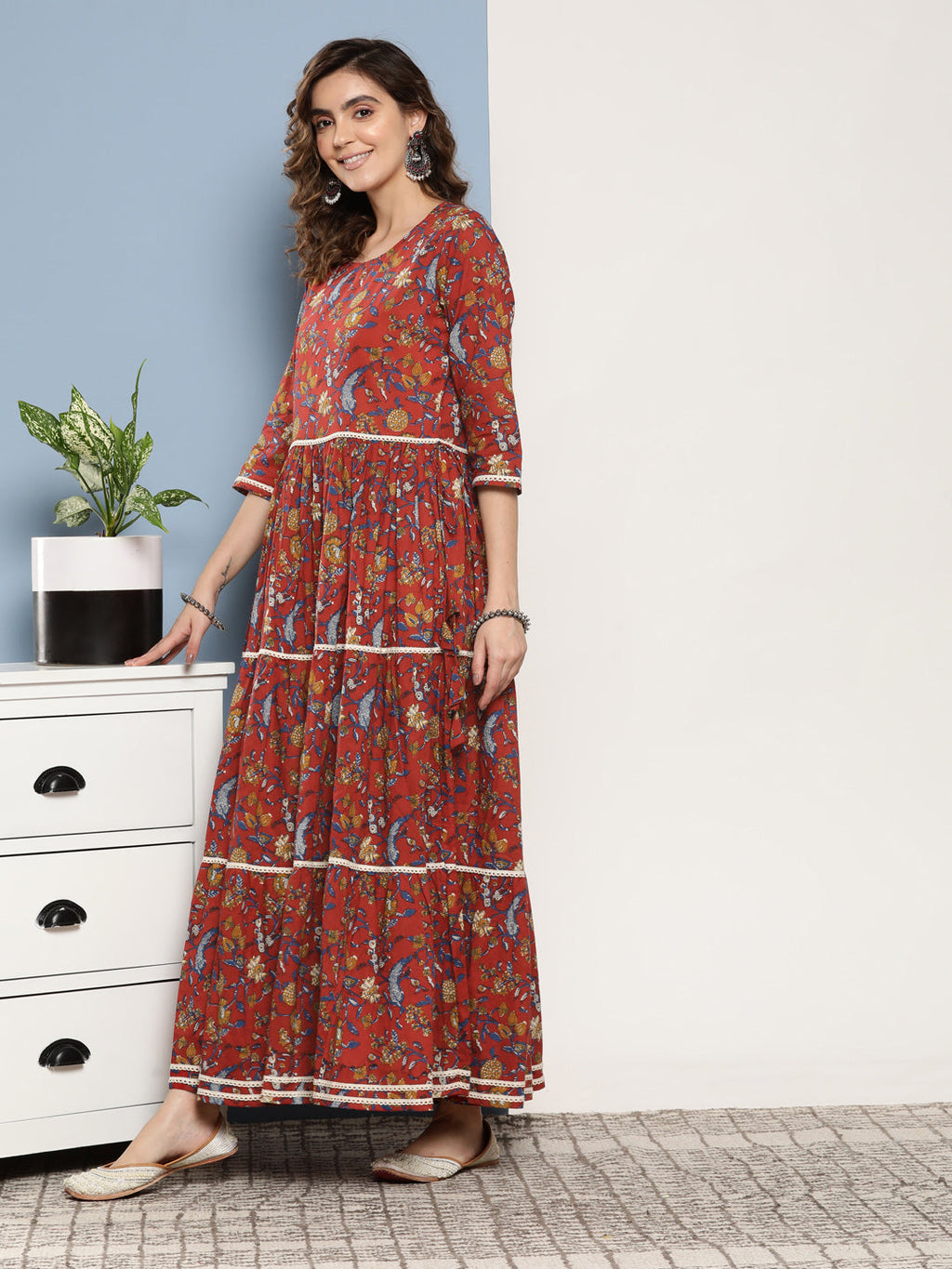 InWeave Women's Red Floral Print Tiered Dress With Lace With Red Leh Dupatta | Grocsy