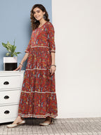 InWeave Women's Red Floral Print Tiered Dress With Lace With Red Leh Dupatta | Grocsy