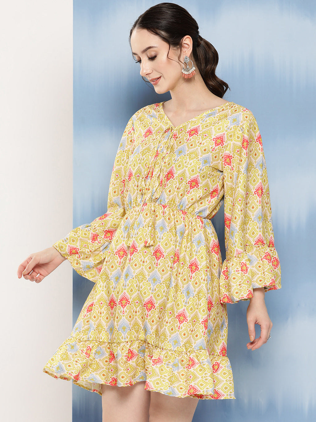 InWeave Women's Yellow Orange Ikkat Print Short Dress | Grocsy