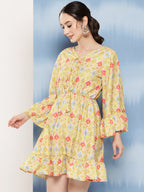 InWeave Women's Yellow Orange Ikkat Print Short Dress | Grocsy