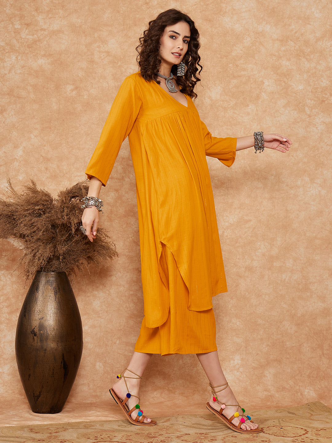 InWeave Women's Mustard Lurex Flared V Neck Kurta Palazzo Set | Grocsy