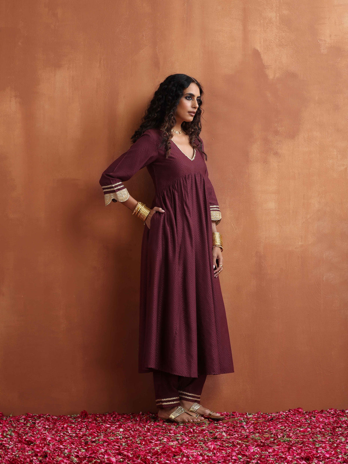 trueBrowns Maroon Flared Anarkali Kurta Set | Grocsy