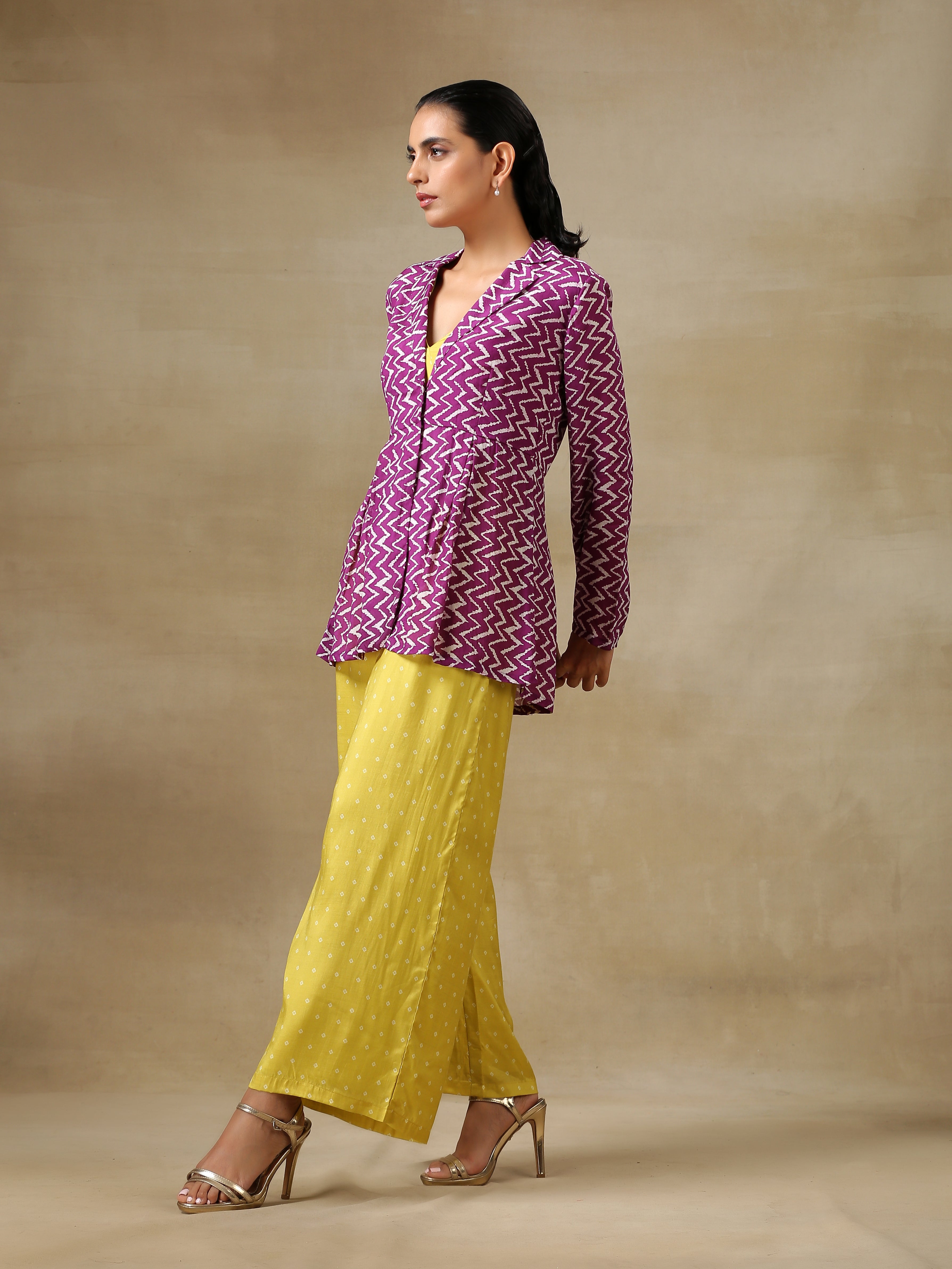 trueBrowns Lime Green Bandhani Printed Silk Top Pant with Purple Printed Jacket Set | Grocsy