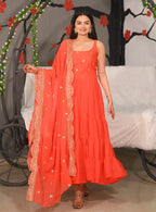Teeya Creation Orange Color Faux Georgette Silk Heavy Embroidery Work Fully Stitched Gown | Grocsy