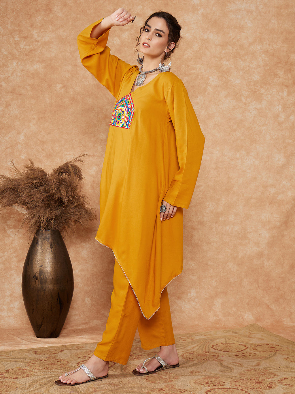 InWeave Women's Mustard Trangle Yellow Patch Work Assymentrical Kurta Set | Grocsy
