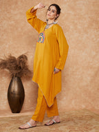 InWeave Women's Mustard Trangle Yellow Patch Work Assymentrical Kurta Set | Grocsy