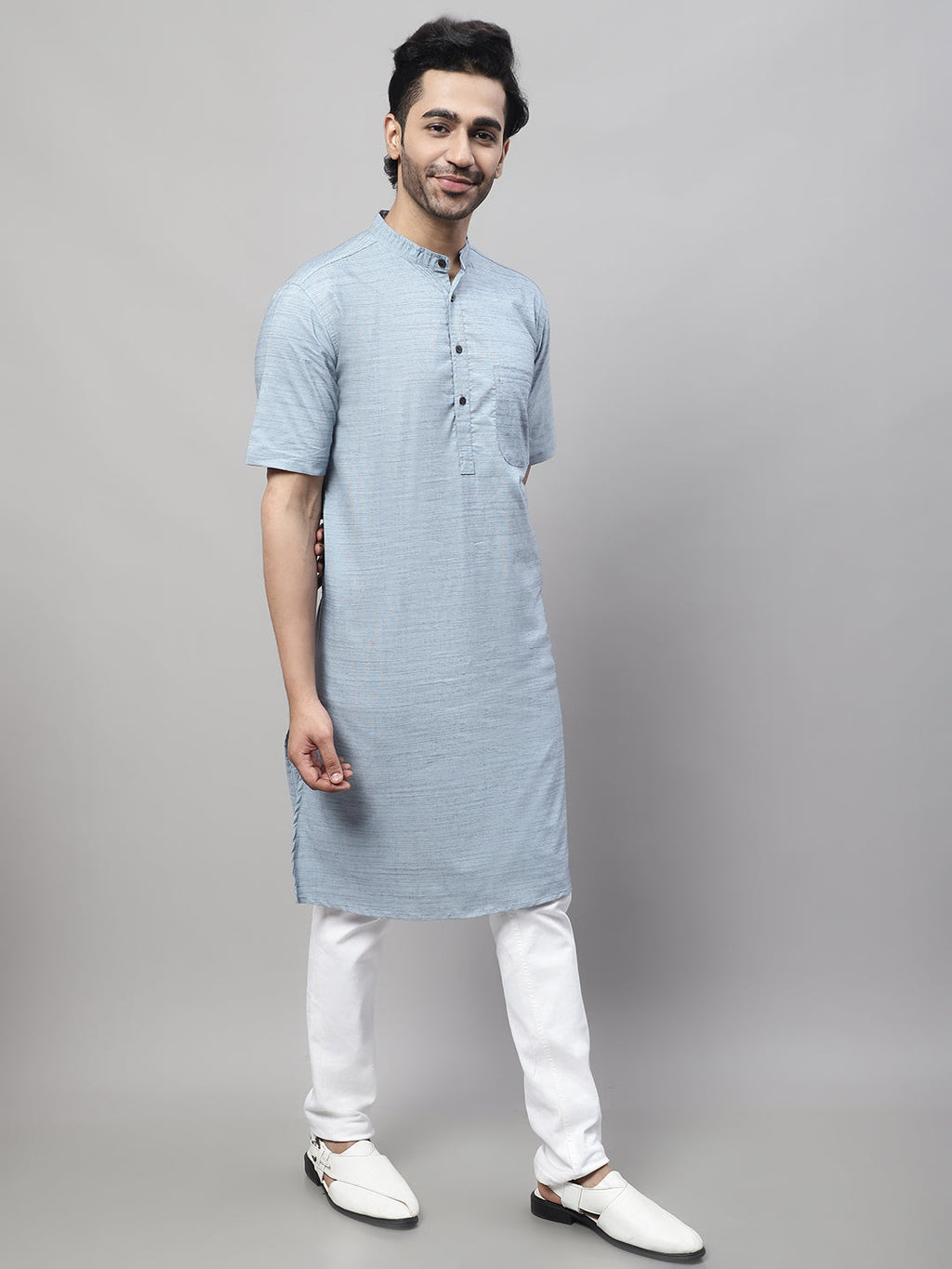 Even Apparels Blue Pure Cotton Kurta With Band Collar | Grocsy