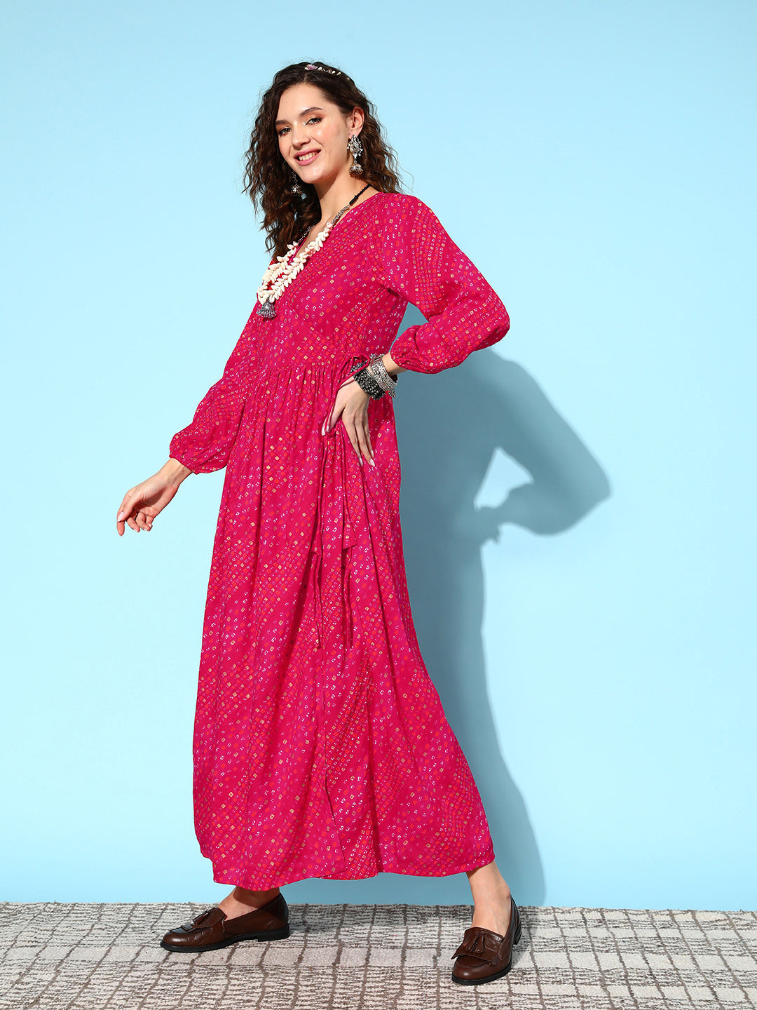 InWeave Women's Maroon Ethnic Print Wrapped Long Dress | Grocsy