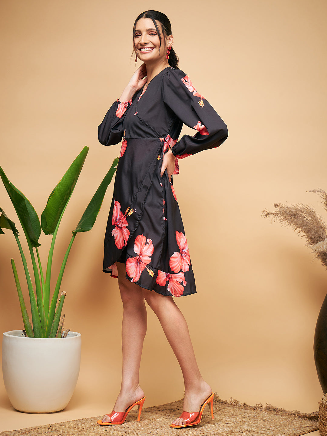 InWeave Women's Black Red Big Flower Belted Dress | Grocsy
