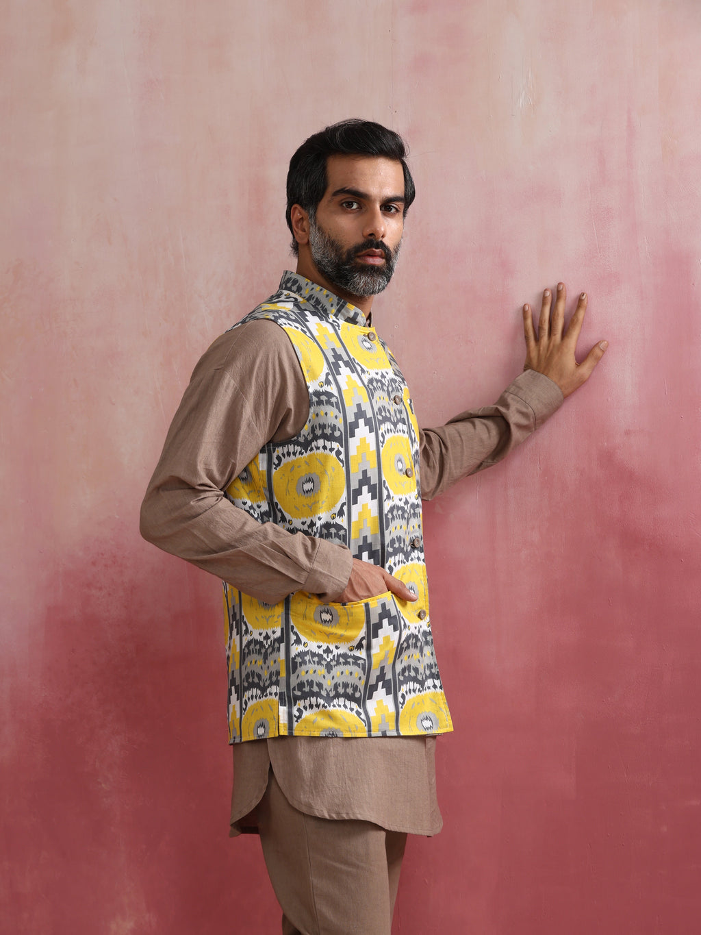 trueBrowns Men's Grey Ikat Print Cotton Reversible Nehru Jacket | Grocsy