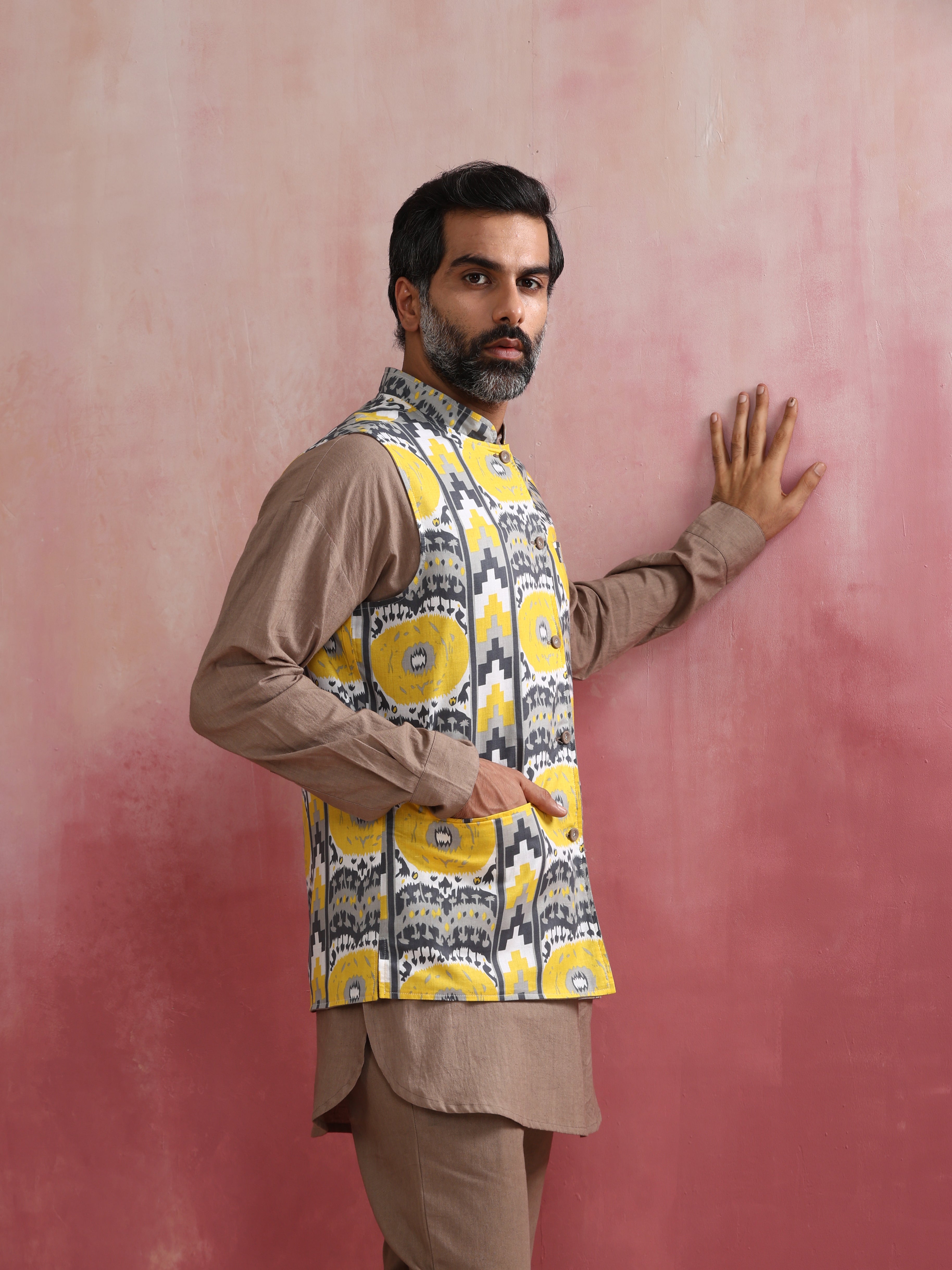 trueBrowns Men's Grey Ikat Print Cotton Reversible Nehru Jacket | Grocsy