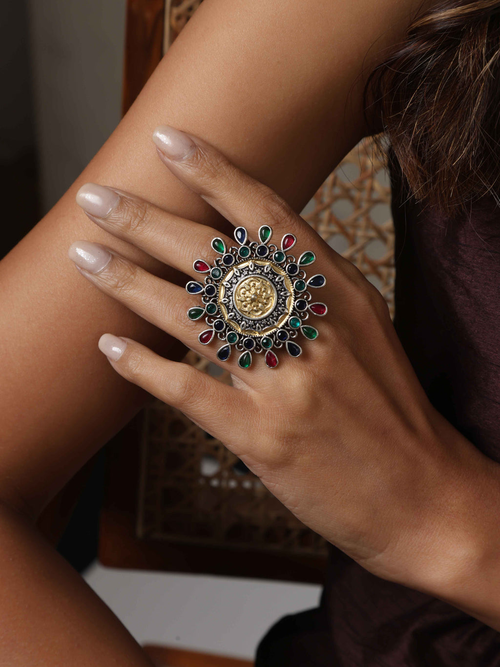 trueBrowns Silver Gold Tone Mandala Ring | Grocsy