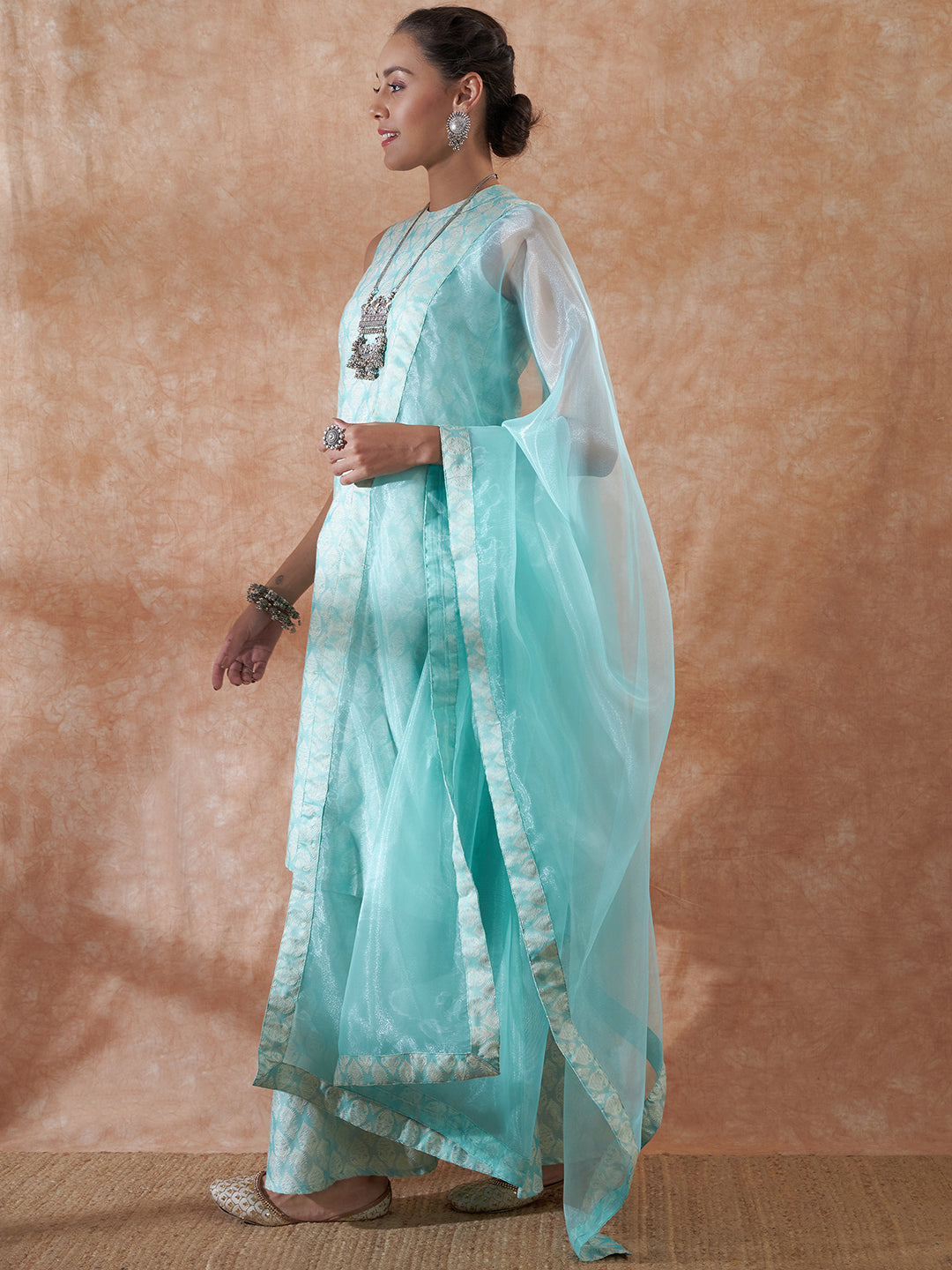 InWeave Women's Powder Blue Jacquard Halter Kurta Set W Powder Blue Or Dupatta | Grocsy