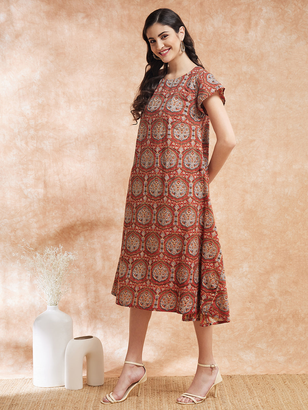 InWeave Women's Maroon Mughal Kalamkari A Line Dress | Grocsy