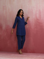 trueBrowns Dark Blue Cotton Dobby Kurta Co-ord set | Grocsy