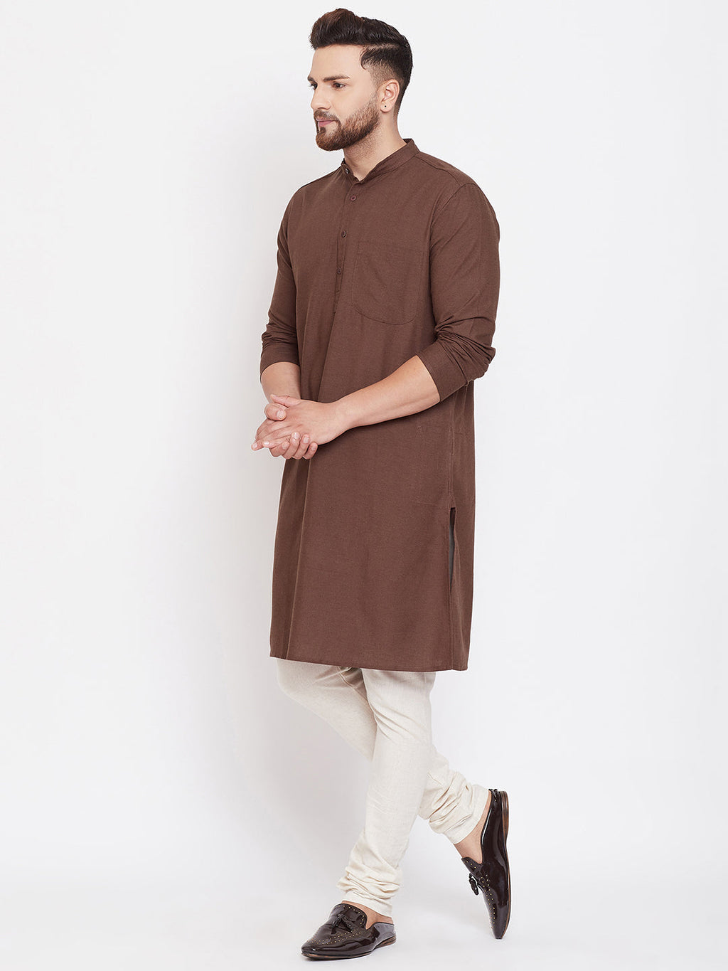 Even Apparels Brown Solid Kurta With Band Collar | Grocsy