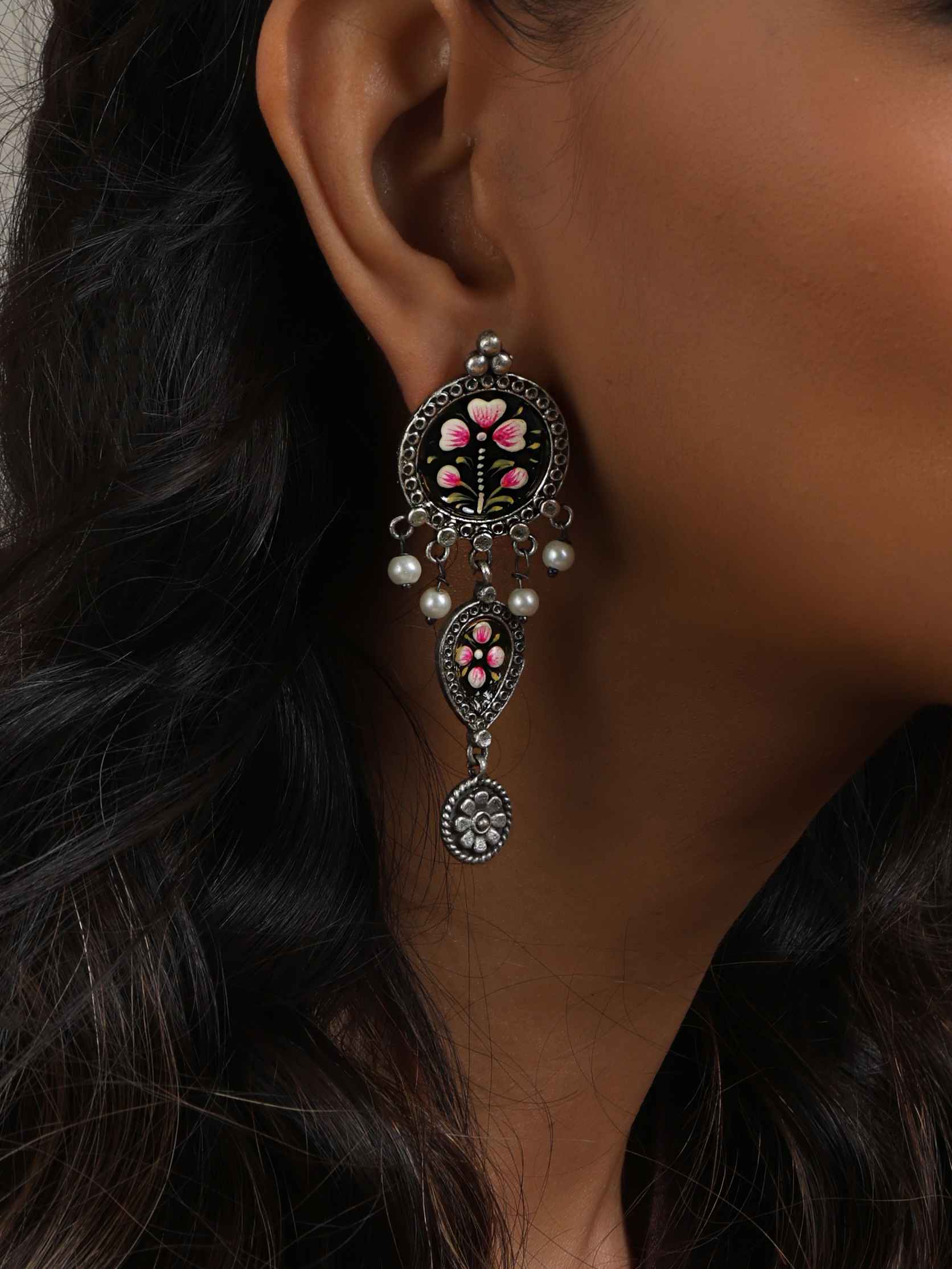trueBrowns Silver Tone Handpainted Dangle Earrings | Grocsy