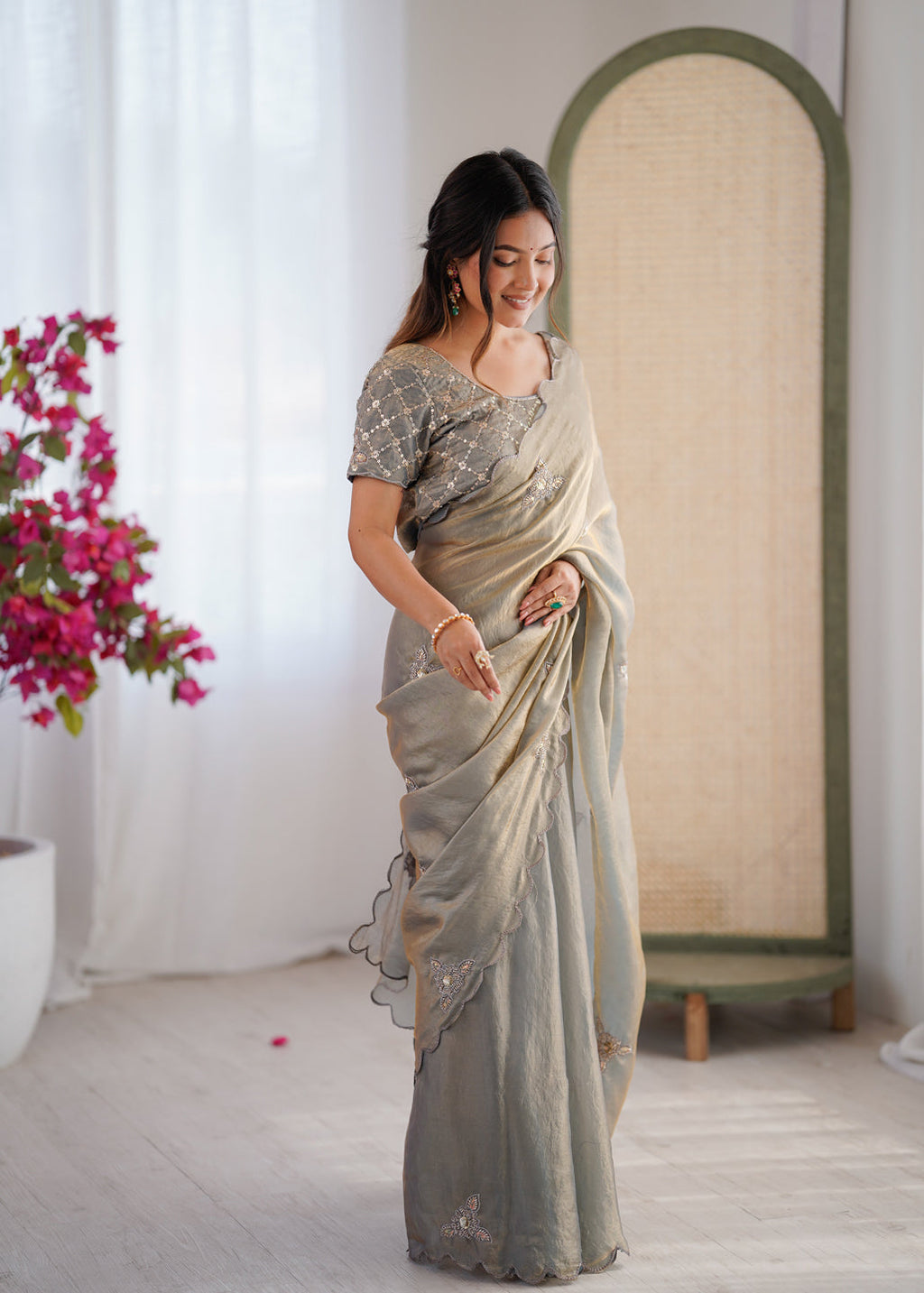 Evanik Designer Heavy Fendy Satin With Beads Embroidered Work Saree With Unstitched Blouse | Grocsy