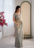 Evanik Designer Heavy Fendy Satin With Beads Embroidered Work Saree With Unstitched Blouse | Grocsy