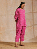 trueBrowns Pink Dabu Print Cotton Baggy Sleeve Co-Ord Set | Grocsy