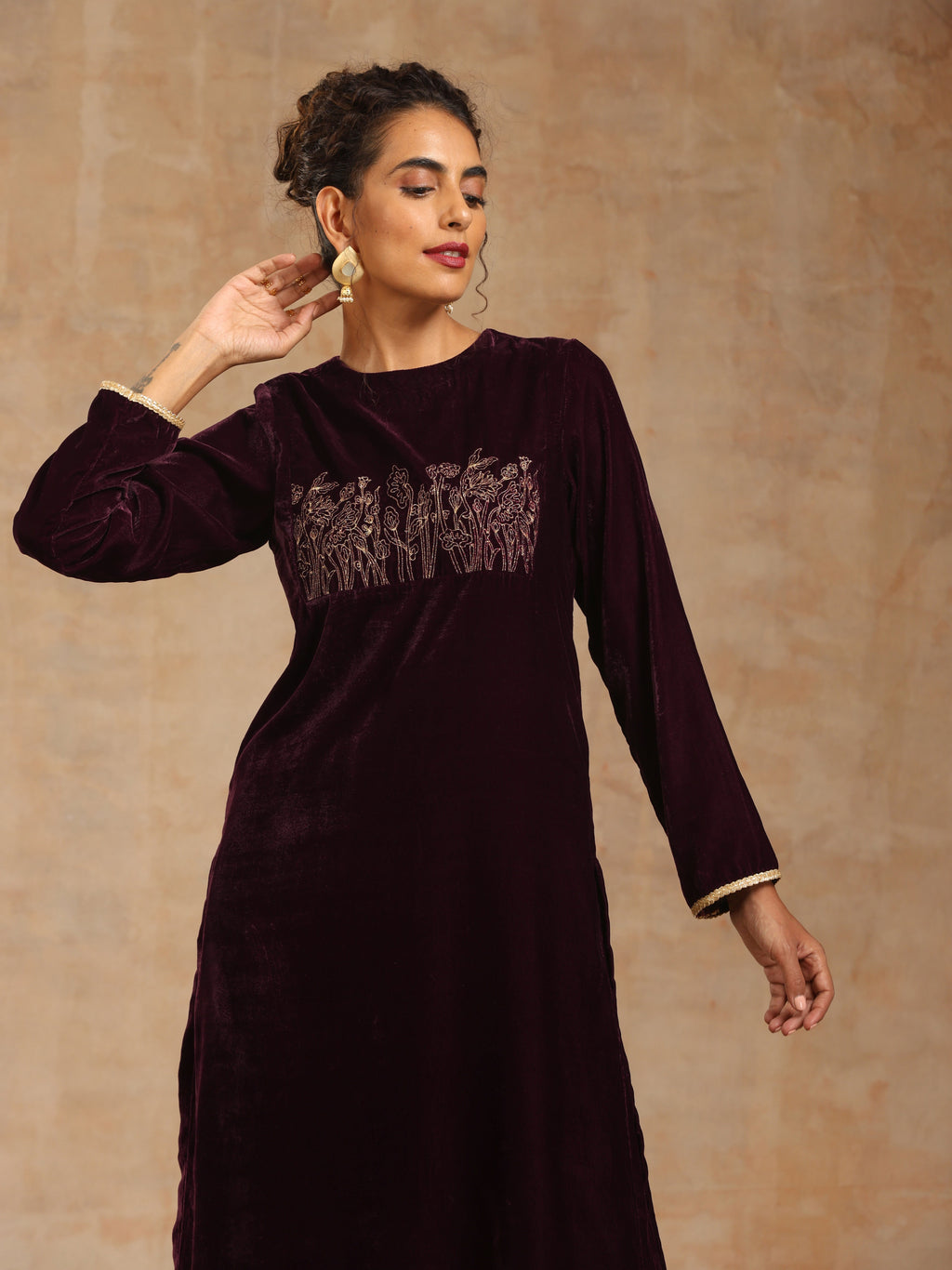 trueBrowns Wine Velvet Yoke Embroidered Kurta | Grocsy