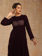 trueBrowns Wine Velvet Yoke Embroidered Kurta | Grocsy