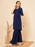 InWeave Women's Royal Blue Chikankari Kurta Set With Sharara | Grocsy