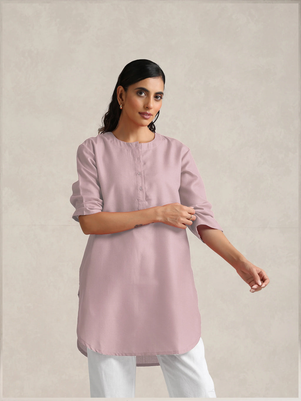 trueBrowns Pink Cotton Blend Short Kurta | Grocsy