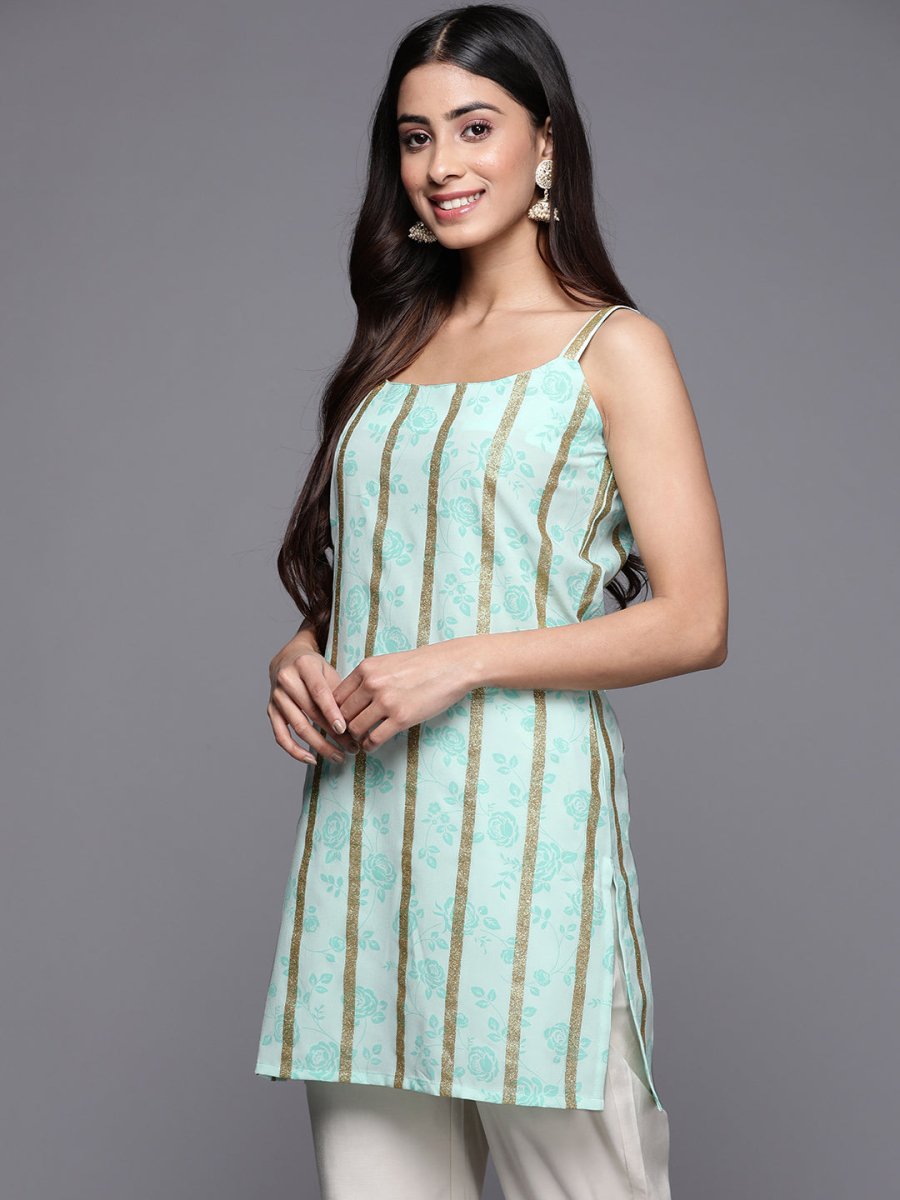 Ahalyaa Striped Floral Printed Shoulder Straps Crepe Tunic | Grocsy