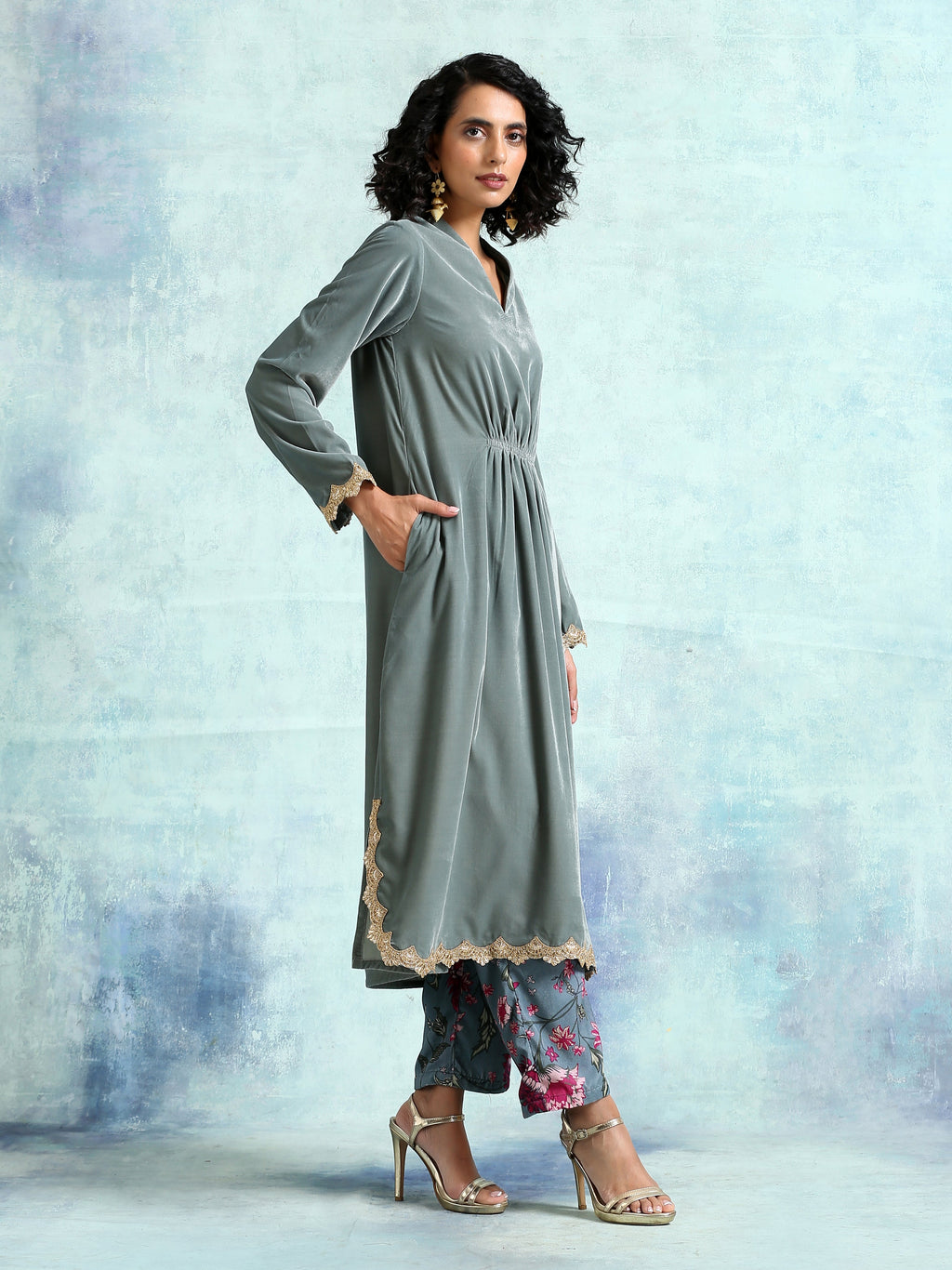 trueBrowns Grey Velvet Lace Kurta Pant Set | Grocsy