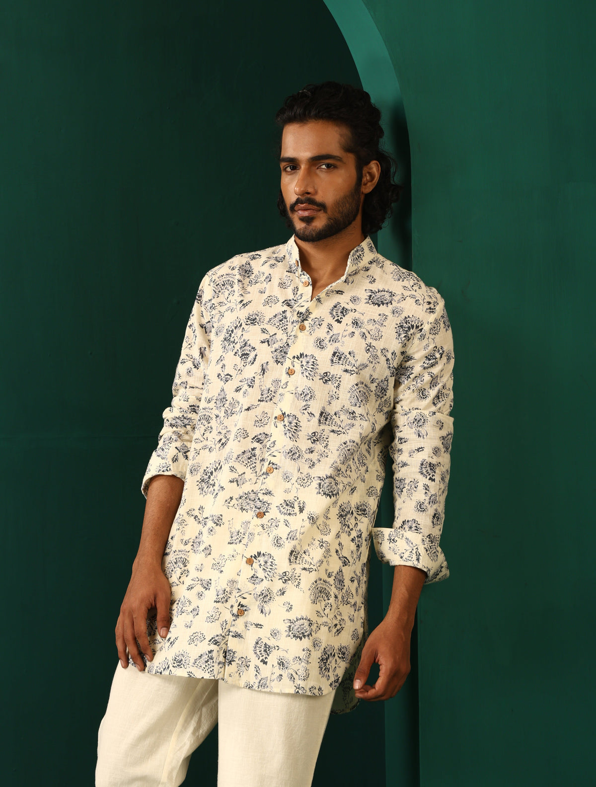 trueBrowns Men's Ivory Floral Cotton Printed Co-ord Set | Grocsy