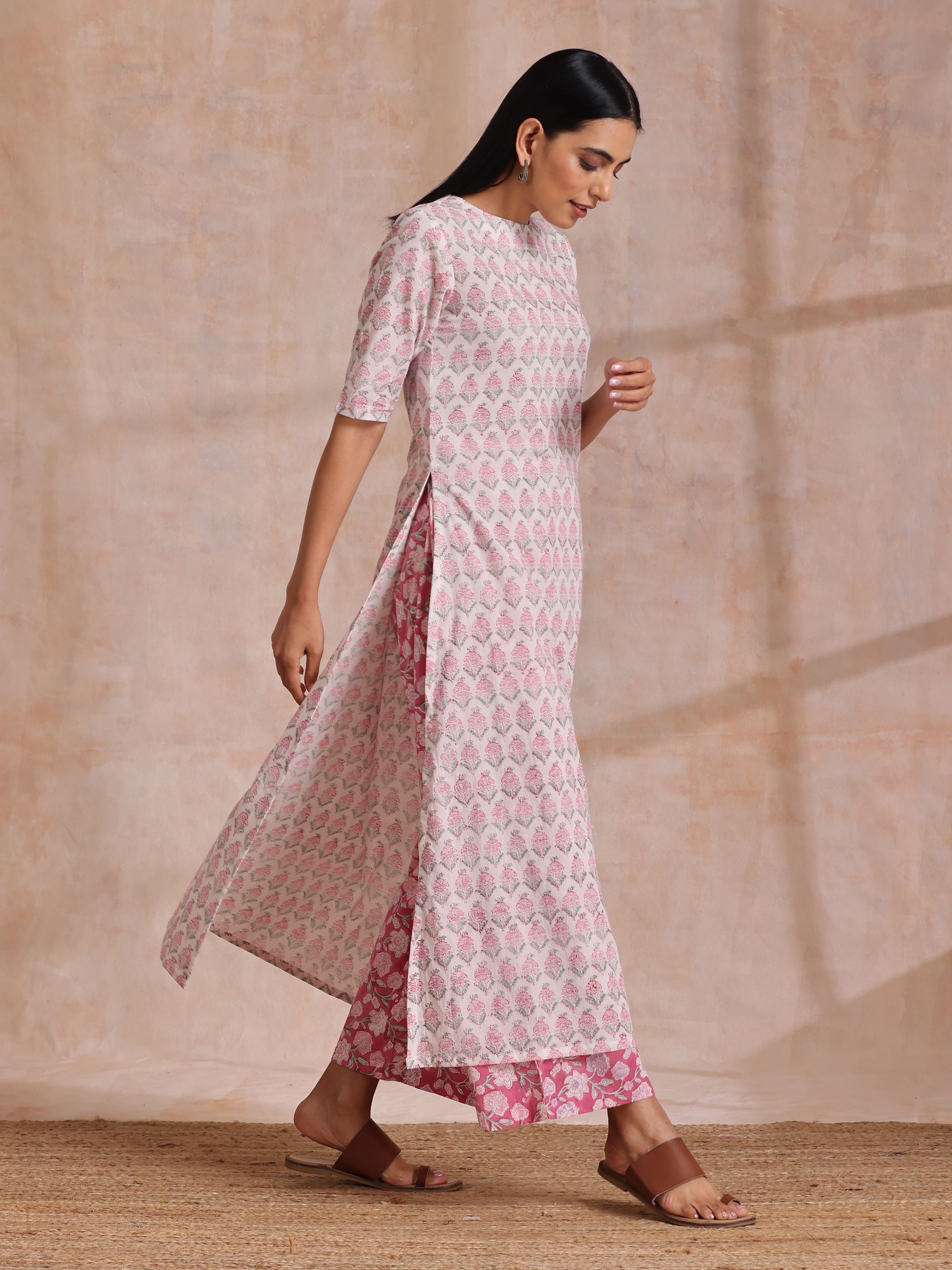 trueBrowns Pink Green Floral On White Block Print Cotton Slit Kurta Pant Set | Relove | Grocsy