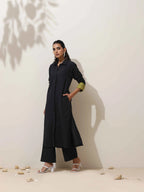 trueBrowns Black Cotton Linen Kurta Pant Set | Grocsy