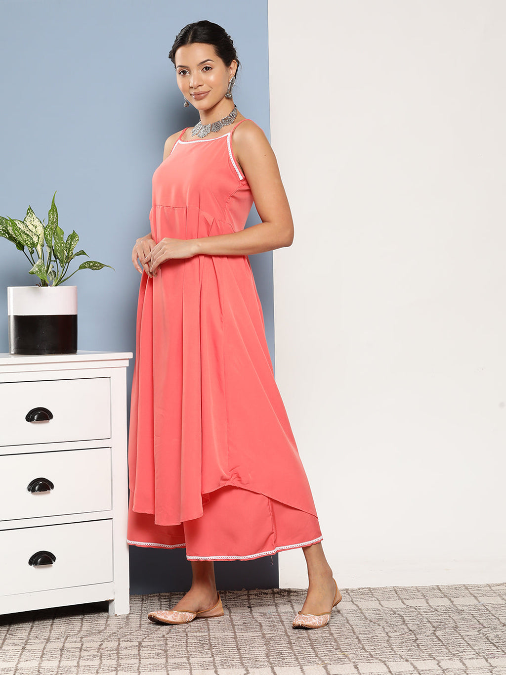 InWeave Women's Peach Cr Strappy Set With Peach Yellow Floral Cape | Grocsy
