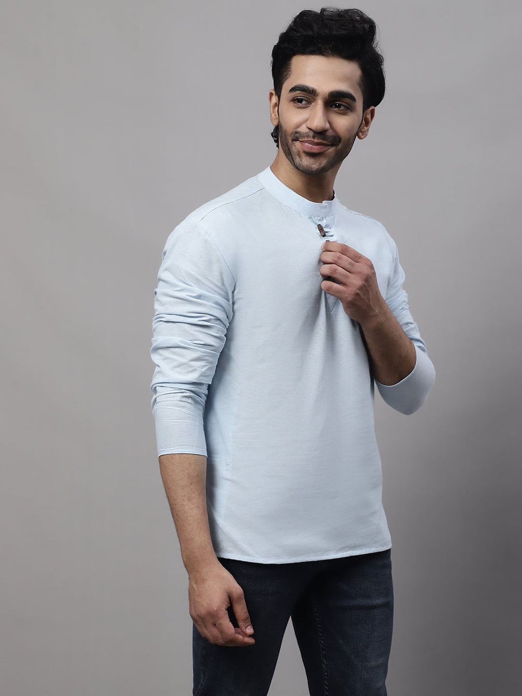 Even Apparels Blue Pure Cotton Kurta With Band Collar | Grocsy