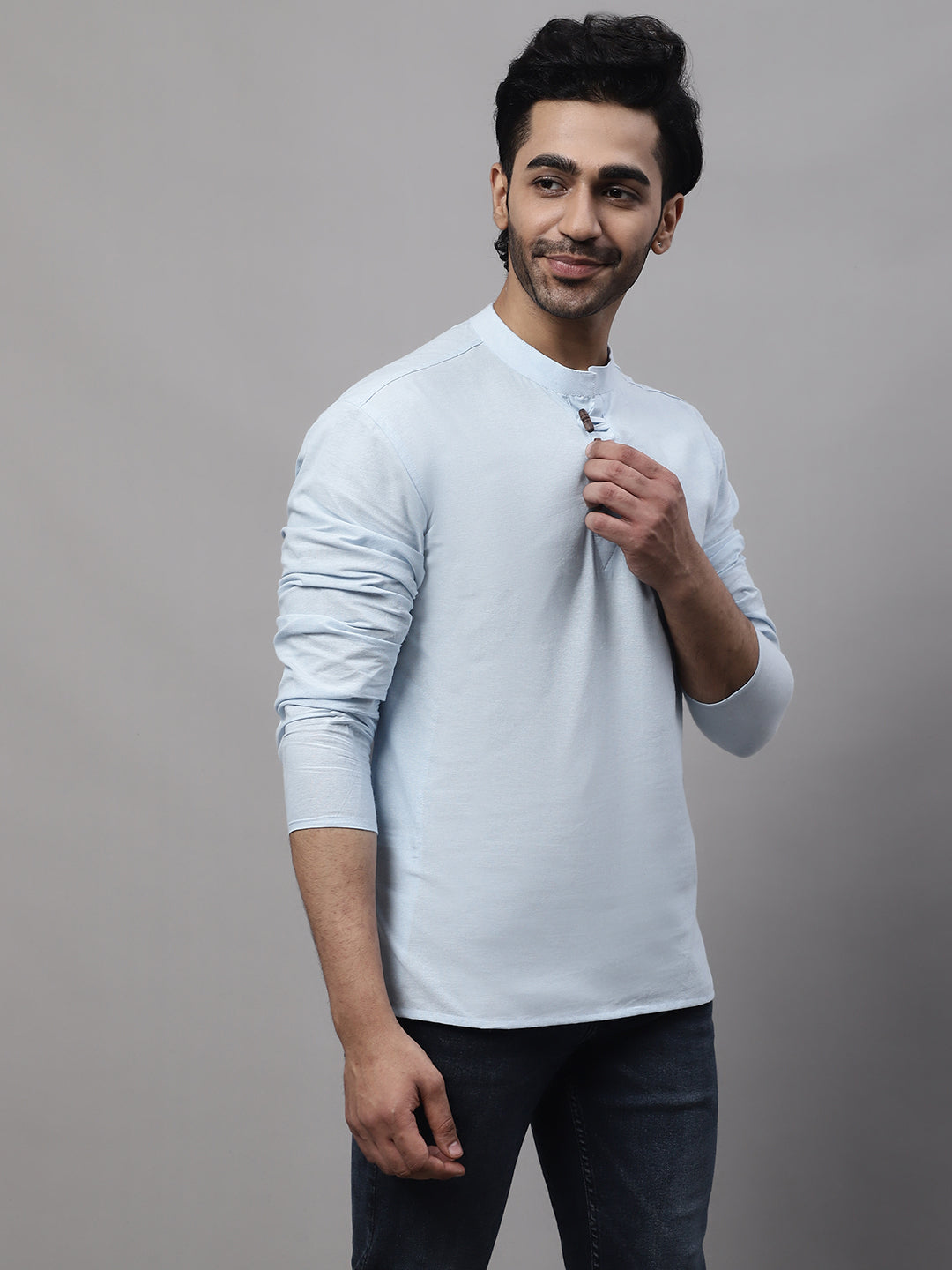 Even Apparels Blue Pure Cotton Kurta With Band Collar | Grocsy
