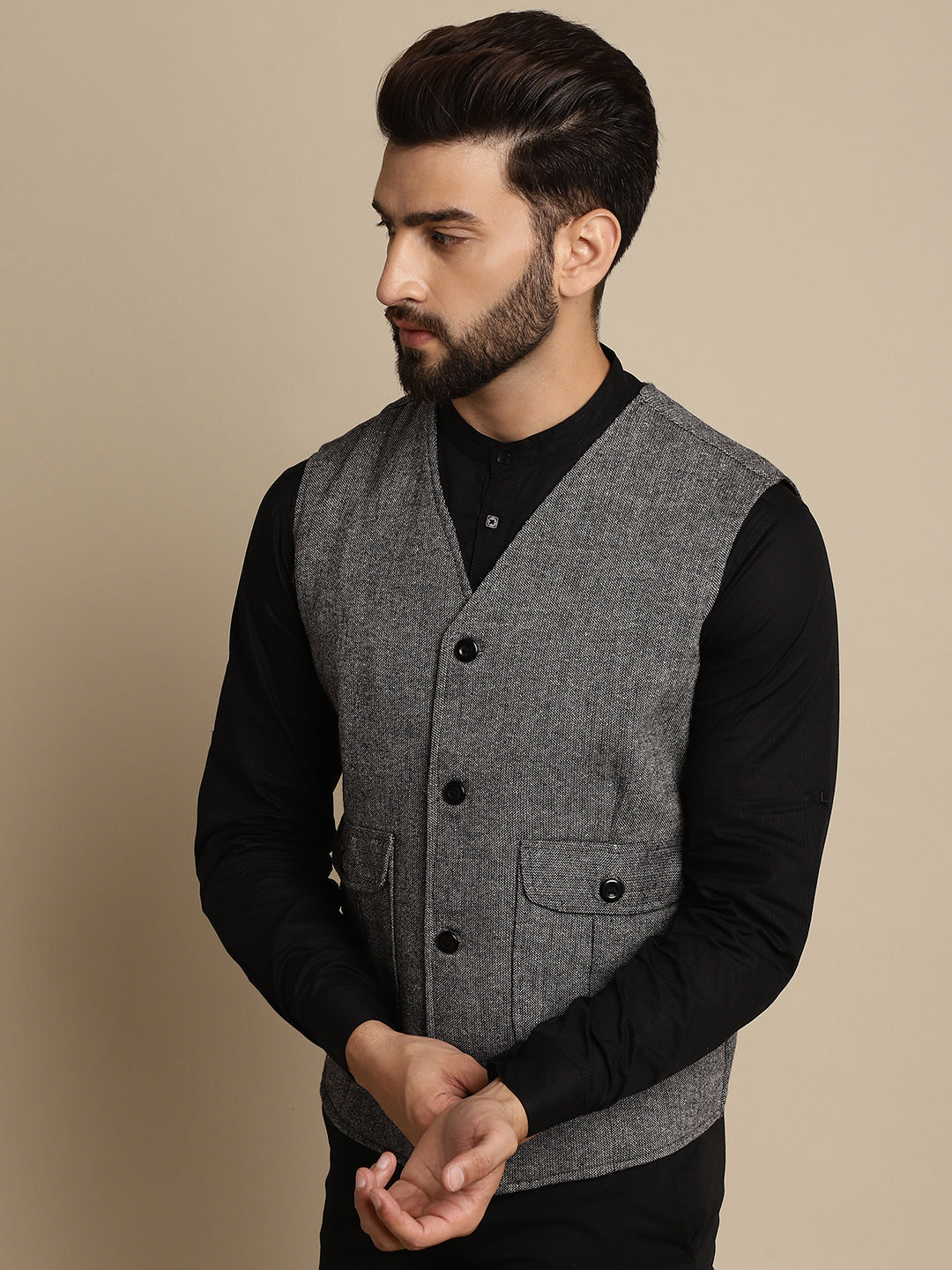 Even Apparels Men's Black Woolen Waistcoat With Patch Pocket | Grocsy