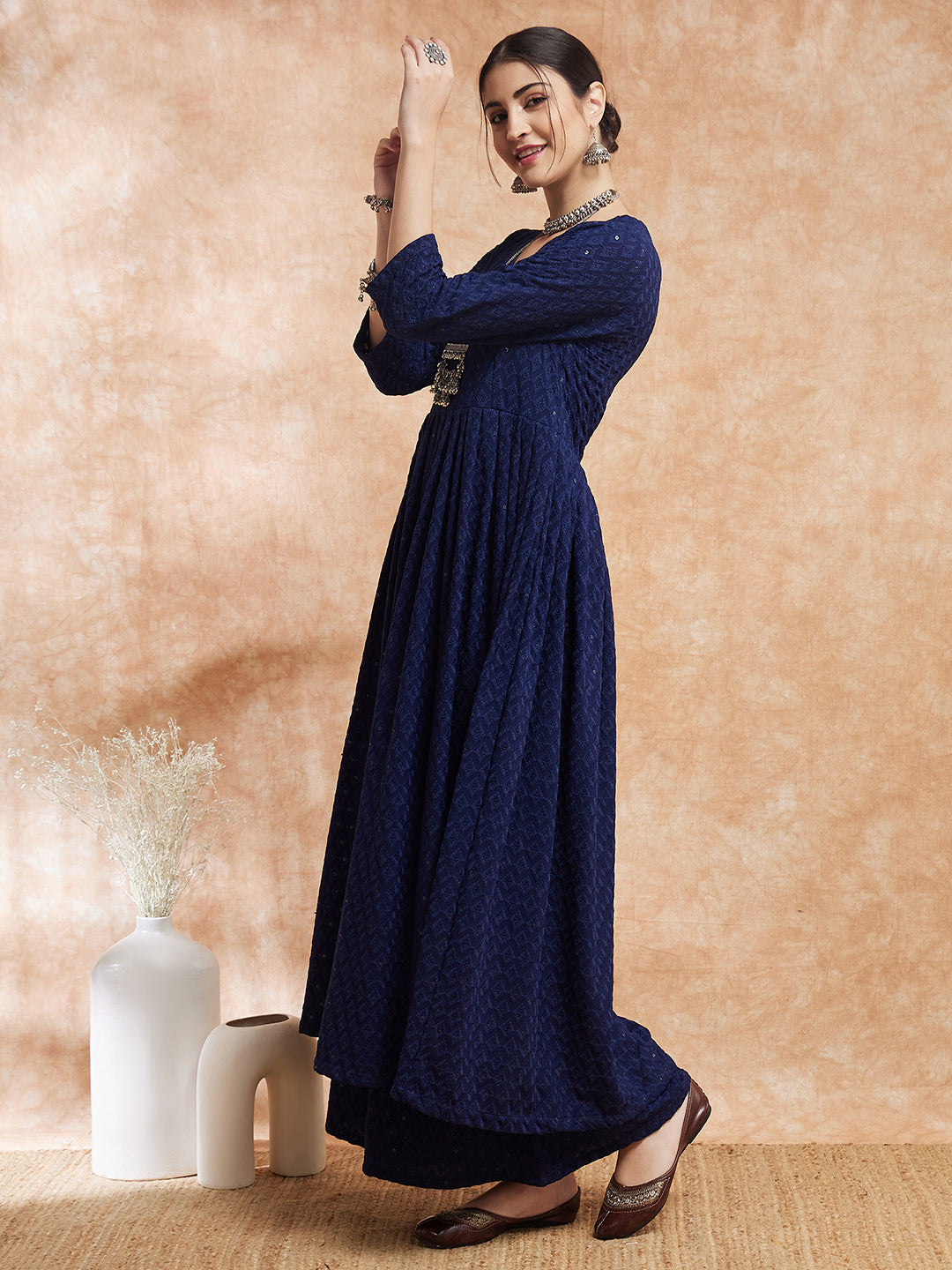 InWeave Women's Royal Blue Chikankari Long Anarkali Kurta Sharara Set | Grocsy