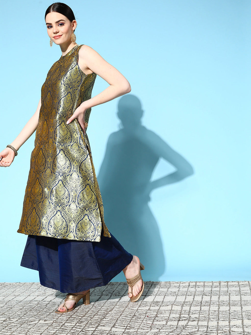 InWeave Women's Blue Banarasi Halter Kurta Set | Grocsy