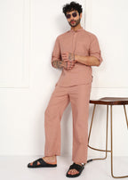 Fabmade Men’S Peach Linen Short Kurta Set | Grocsy