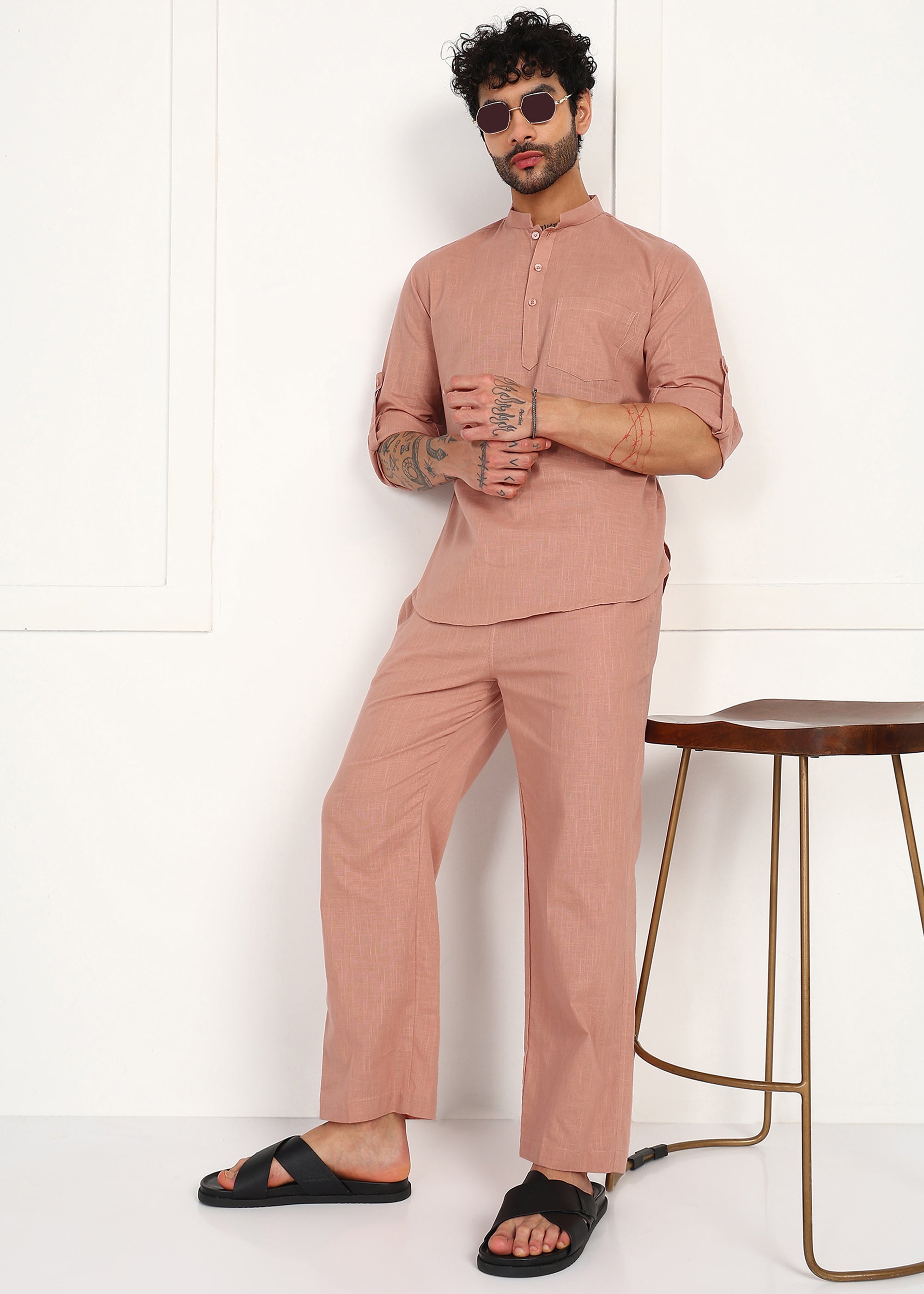 Fabmade Men’S Peach Linen Short Kurta Set | Grocsy