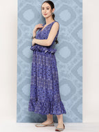 InWeave Women's Blue Floral Paisley Print Long Frill Dress | Grocsy
