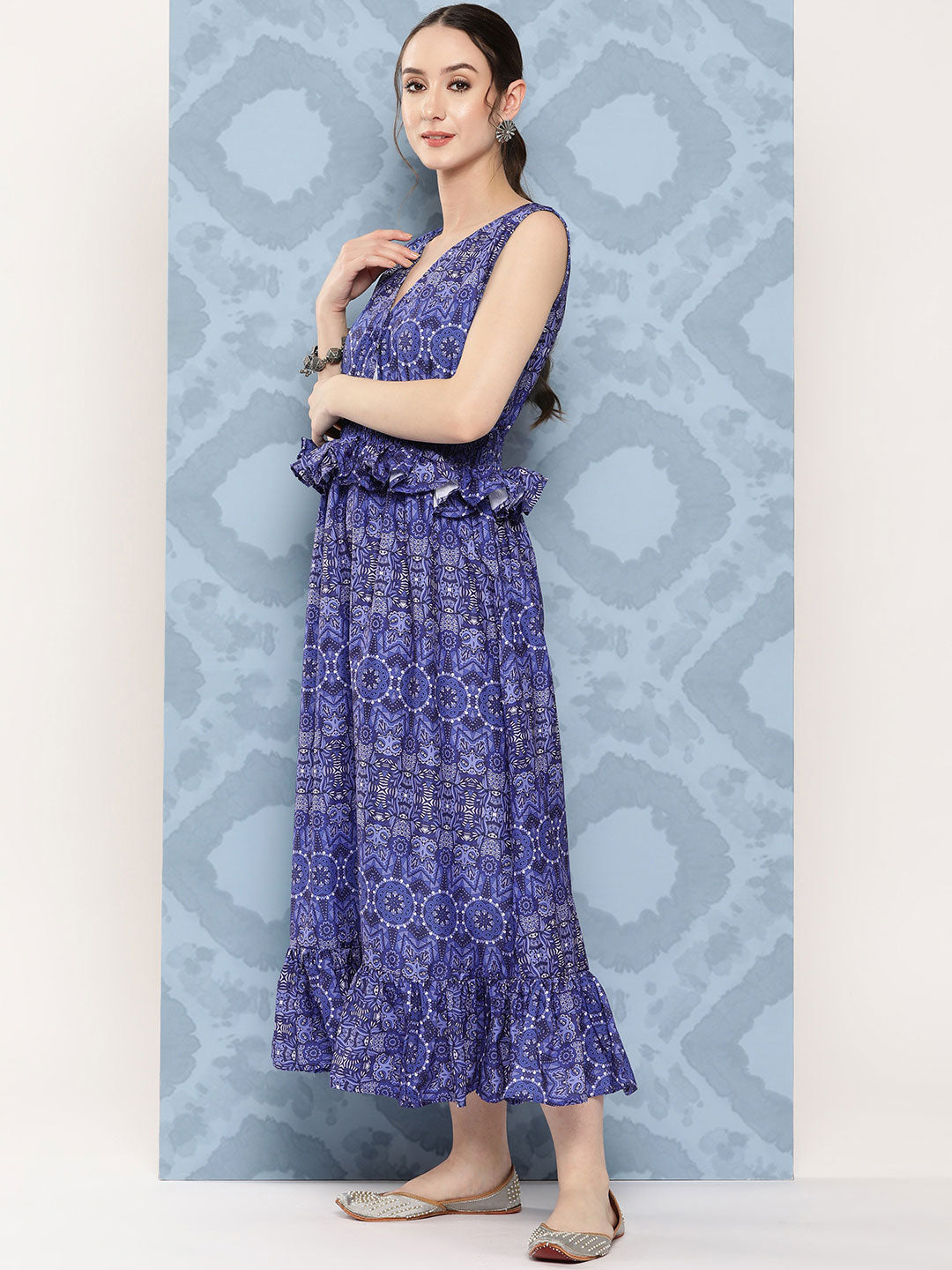 InWeave Women's Blue Floral Paisley Print Long Frill Dress | Grocsy
